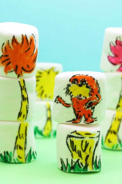 Dr. Seuss marshmallow art with food coloring pens.