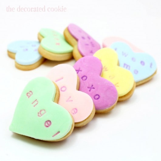 stamped conversation heart cookies for Valentine's Day 