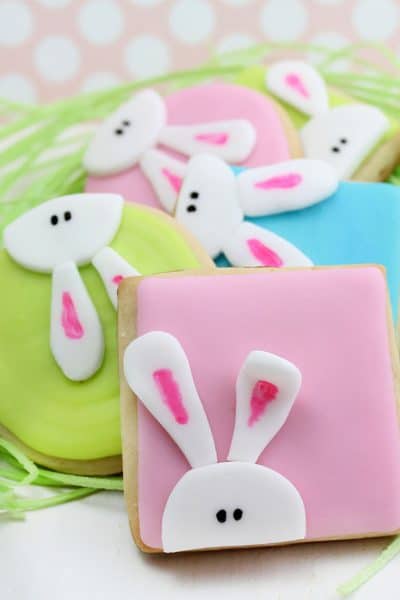 bunny cookies for Easter with royal icing and fondant