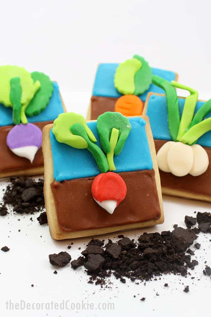 How to decorate vegetable garden cookies, a fun food idea for spring, Mother's Day, Earth Day, or a garden party. 