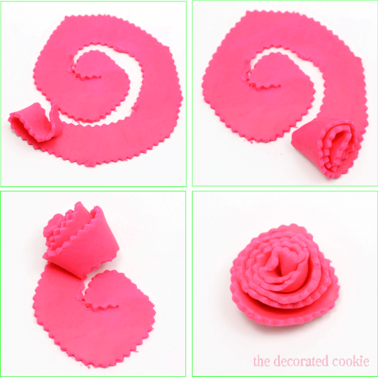 rolling pink fondant into a flower 