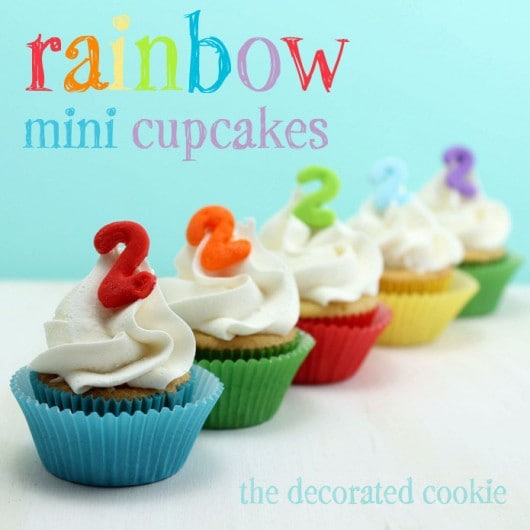 mini rainbow cupcakes for a rainbow birthday party