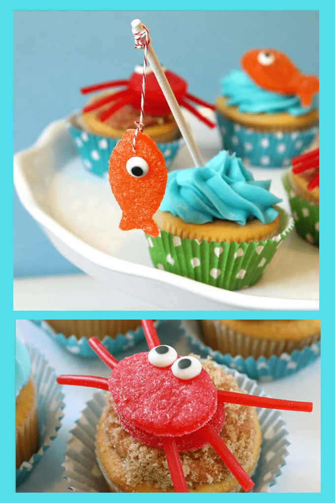 To make summer-themed beach treats, make gumdrop crab and fish cupcakes. These summer cupcake ideas with candy toppers are cute and easy. "Gone Fishing" Father's Day cupcakes. 