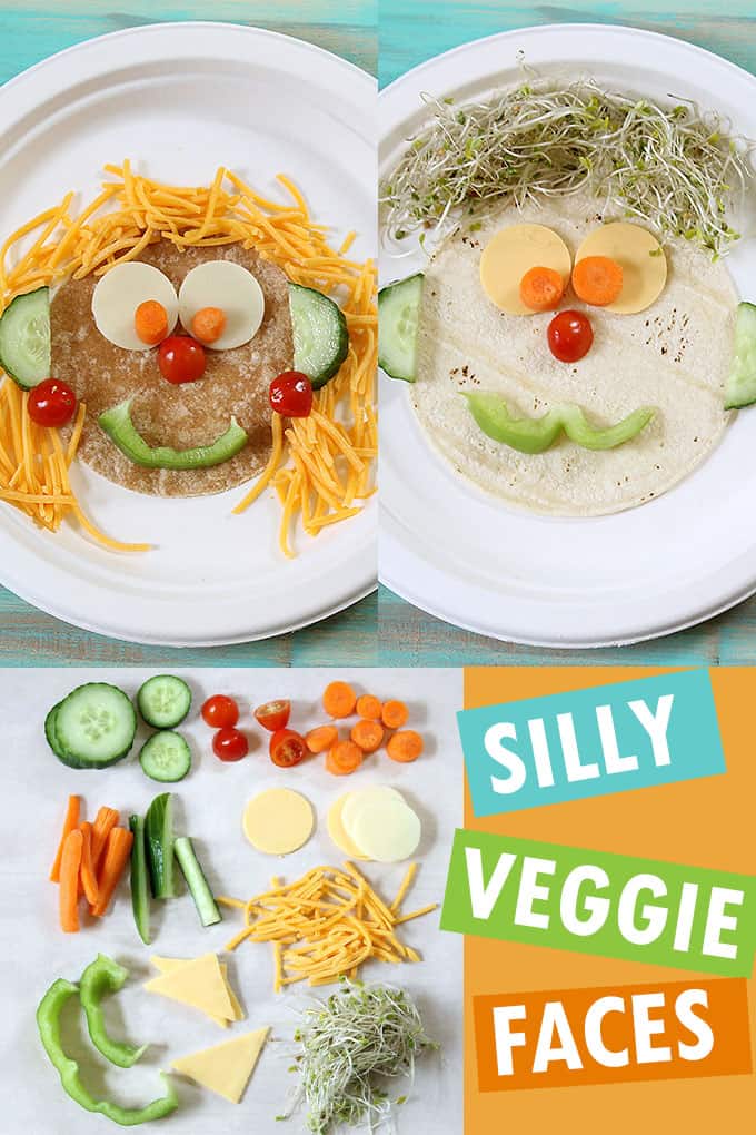 silly veggie faces with tortillas, cheese, and veggies