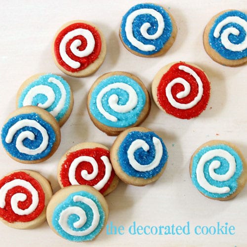 red, white and blue swirl 4th of July cookies