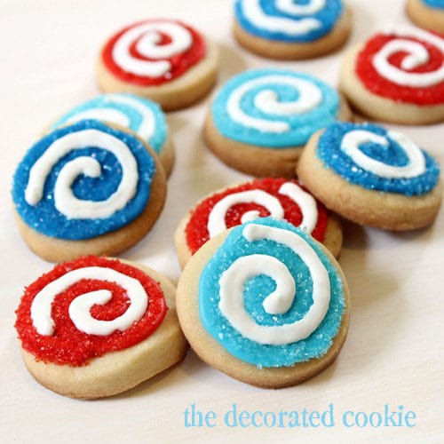 red, white and blue swirl 4th of July cookies