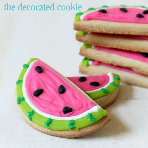 Watermelon cookies, a fun decorated cookie idea for Summer.