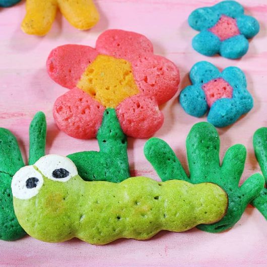 Garden pancake art for spring: Bugs and flower pancakes.