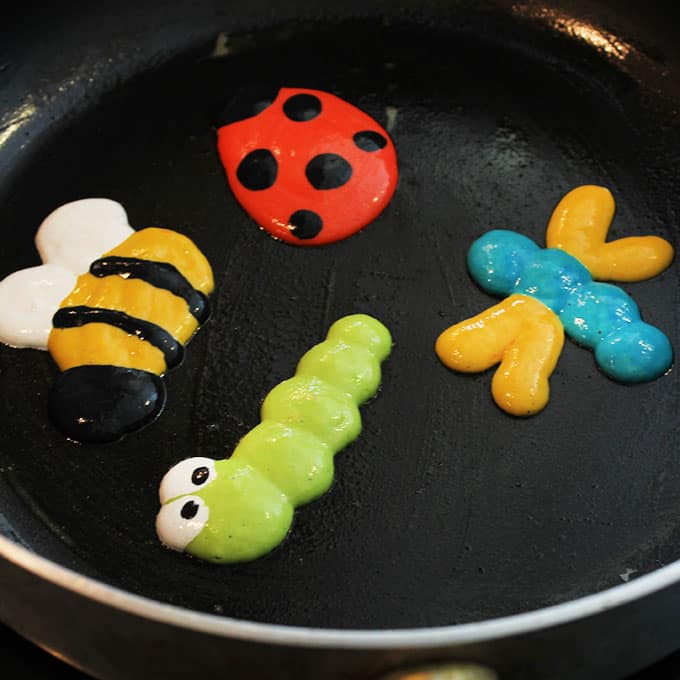 Garden pancake art for spring: Bugs and flower pancakes.