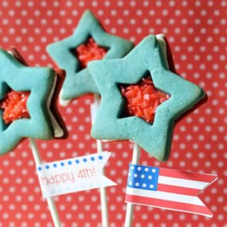 Pop Rocks star cookies, 4th of July sandwich cookies with red polka dot background