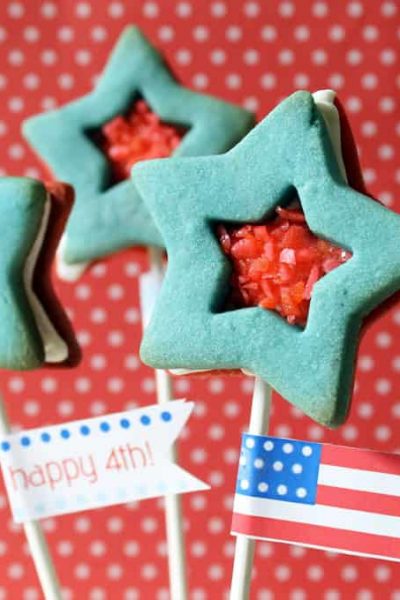 Pop Rocks star cookies, 4th of July sandwich cookies with red polka dot background