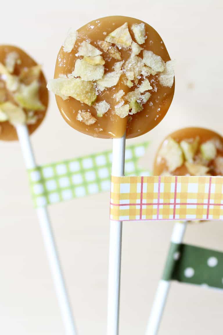 APPLE CHIP LOLLIPOPS Caramel apple lollipops with apple chips.