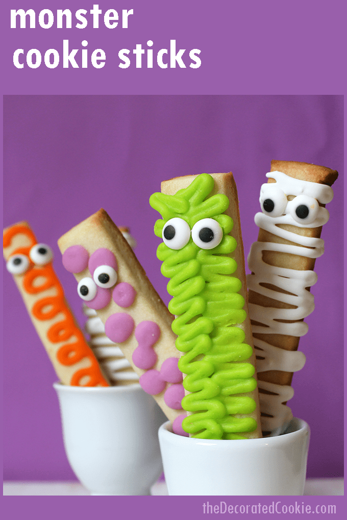 EASY DECORATED COOKIES for Halloween: MONSTER cookie sticks. #halloween #cookies #monsters #easycookies #decoratedcookies #royalicing 