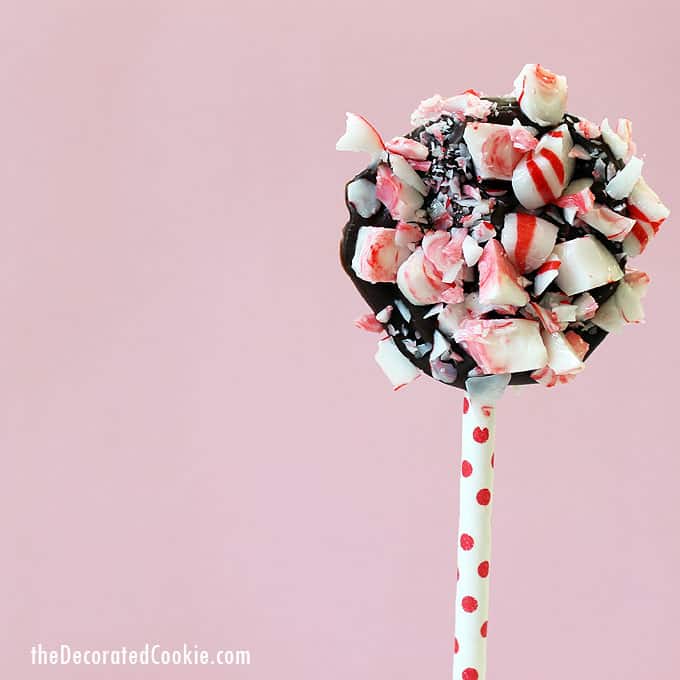 CHOCOLATE PEPPERMINT POPS -- Easy Christmas treat. Candy cane chocolate bark on a stick. 