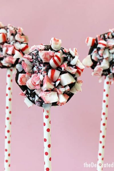 CHOCOLATE PEPPERMINT POPS -- Easy Christmas treat. Candy cane chocolate bark on a stick.
