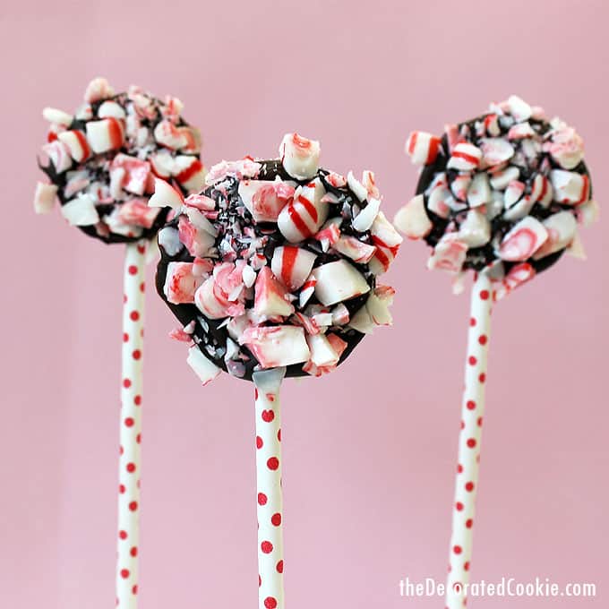 CHOCOLATE PEPPERMINT POPS -- Easy Christmas treat. Candy cane chocolate bark on a stick. 