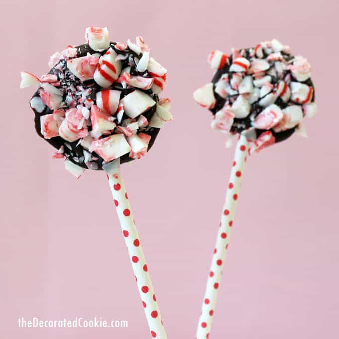 CHOCOLATE PEPPERMINT POPS -- Easy Christmas treat. Candy cane chocolate bark on a stick. 