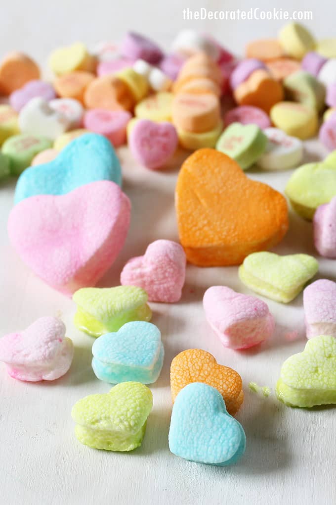 These dip-dyed pastel marshmallow hearts are a fun treat for Valentine's Day. They look just like the conversation candy.