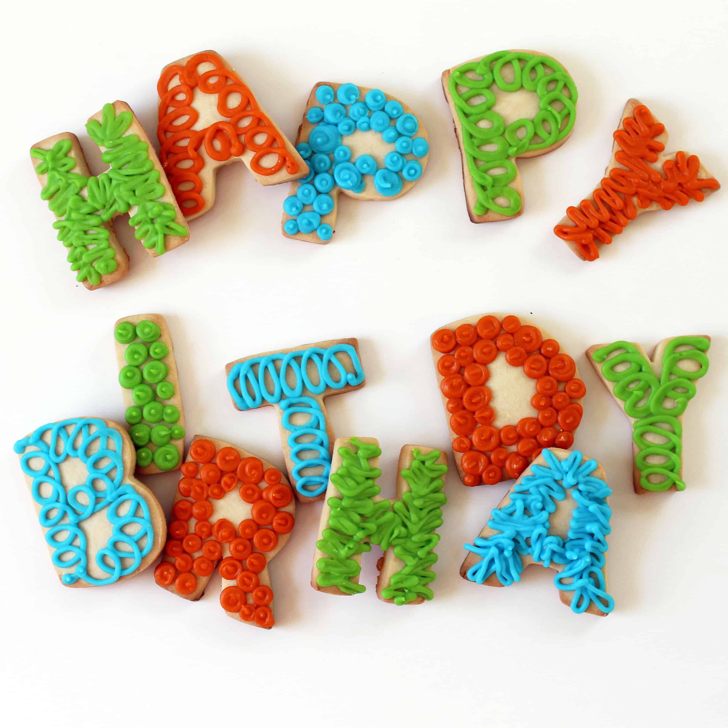 Spell out HAPPY BIRTHDAY LETTER COOKIES for a fun homemade birthday gift idea for any age. Decorate cookies with royal icing.