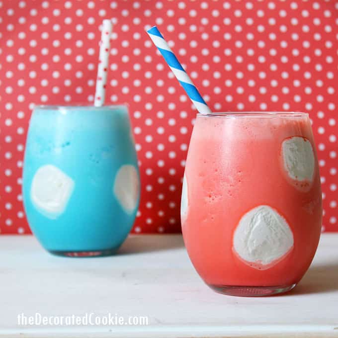 red and blue milkshakes with marshmallow polka dots 