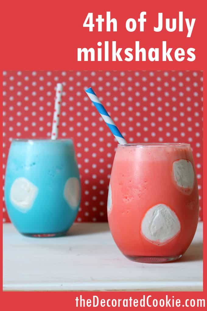 4th of July dessert idea: Red, white and blue milkshakes with marshmallow polka dots. 