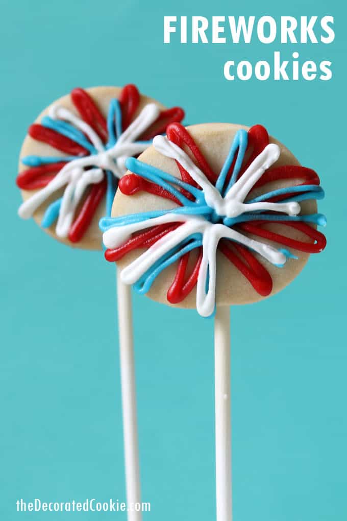 Fireworks 4th of July cookies on a stick! Easy cookie for beginners. #Fireworks #4thofJuly #Desserts #cookiedecorating 