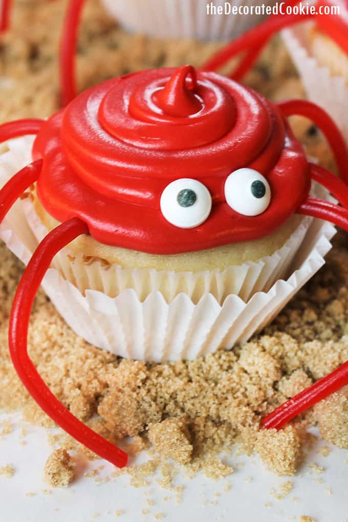 red crab cupcakes on brown sugar sand 