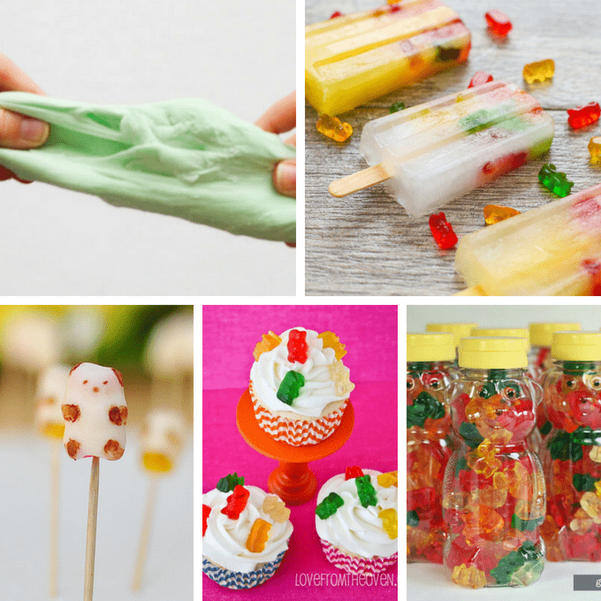 Gummy bears ideas: A roundup of 20 crafts and recipes that use the classic candy, gummy bears. #GummyBear #Candy #GummyBears #Crafts #Recipes 