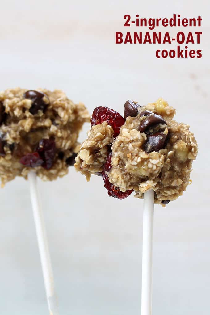 easy-to-make, good-for-you banana and oat cookie pops with chocolate and cherries on a stick, two-ingredient HEALTHY COOKIES.