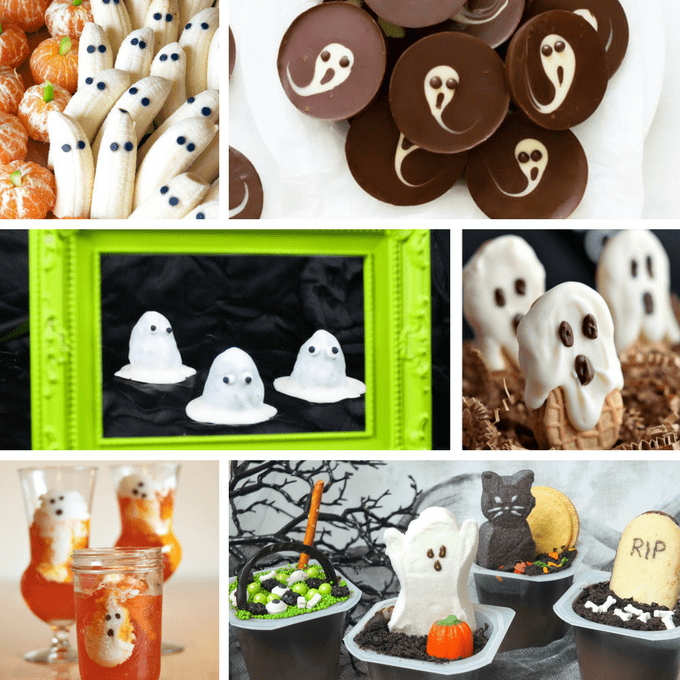 roundup of 36 ghost themed treats and snacks for Halloween 