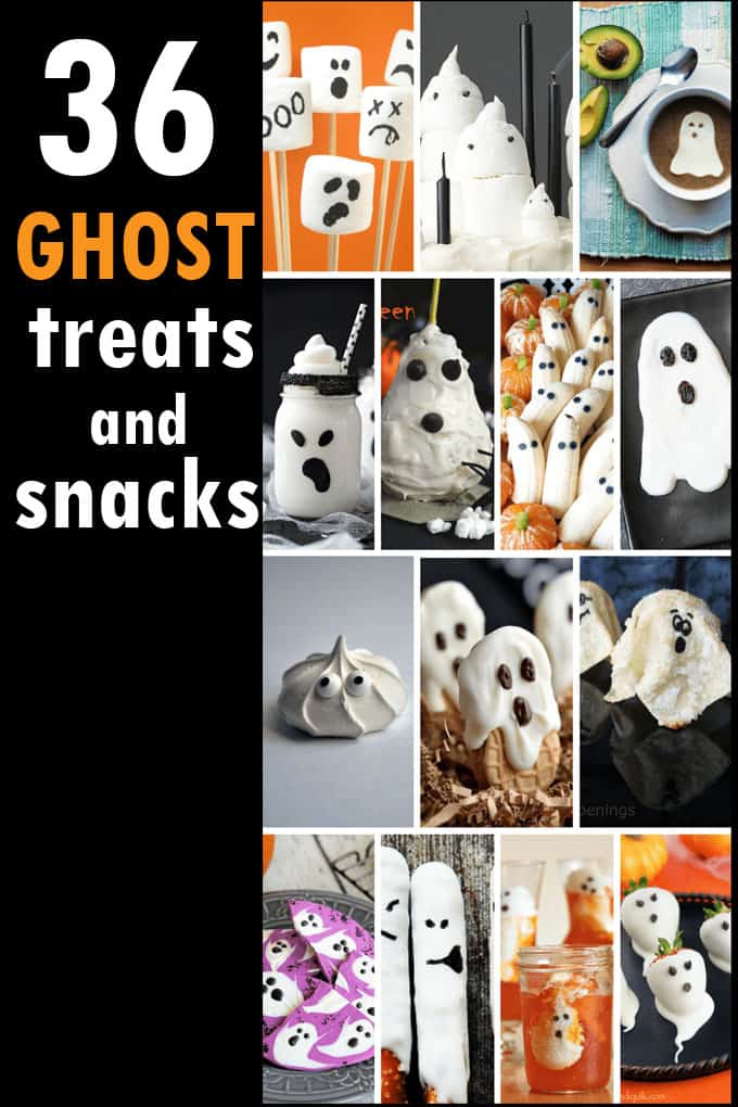 Ghost marshmallow pops and 35 other ghostly treats, snacks and drinks for Halloween. Fun food for your Halloween party. Ghost treats and snacks.