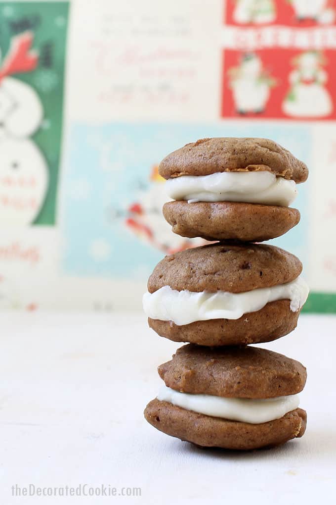 MINI GINGERBREAD WHOOPIE PIES with cream cheese frosting filling. 
