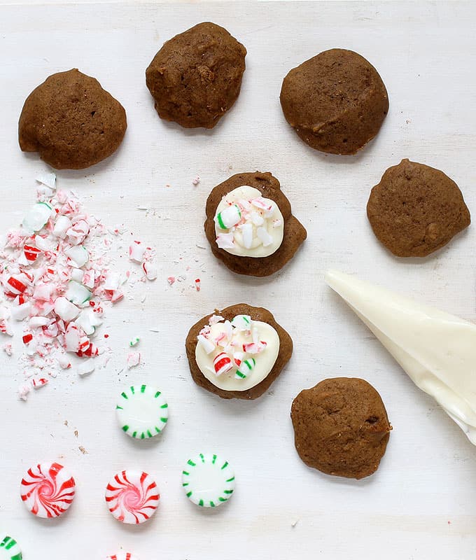 Delicious soft gingerbread cookies with peppermint cream cheese frosting for a Christmas treat. 