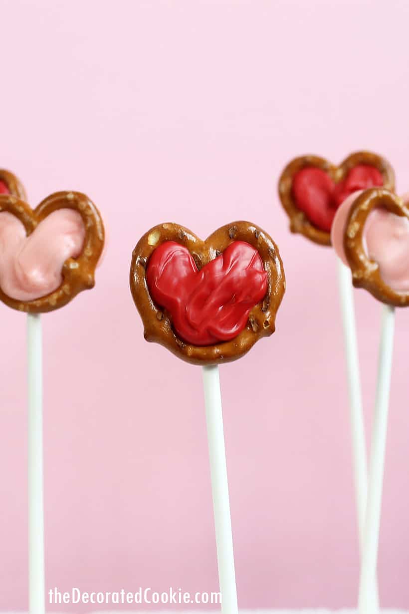 red and pink chocolate pretzel hearts
