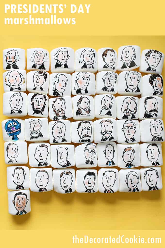 PRESIDENTS DAY MARSHMALLOWS -- All the presidential portraits drawn on marshmallows using food coloring pens. Fun food idea. 