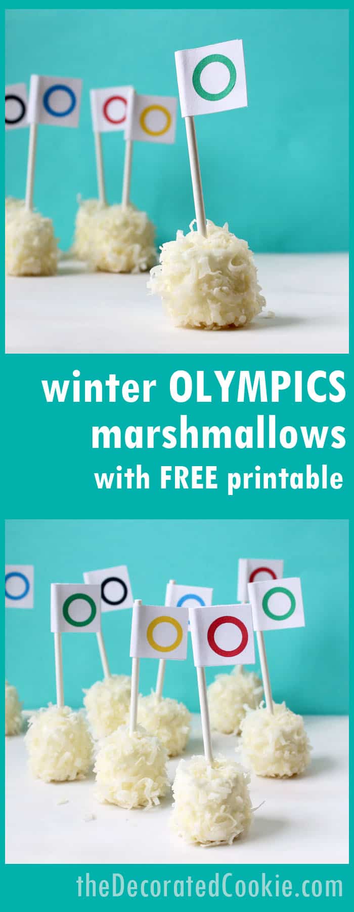 winter Olympics "snowball" marshmallows with free printables -- Olympics party food ideas 