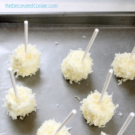 "snowball" marshmallow pops on baking tray