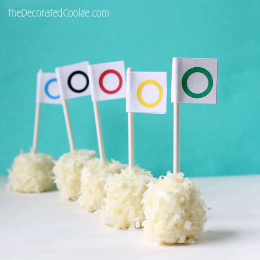 "snowball" marshmallow pops with FREE Olympics printable