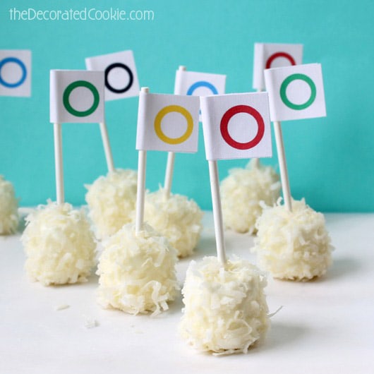 "snowball" marshmallow pops with FREE Olympics printable