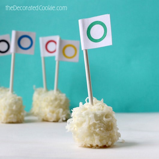 "snowball" marshmallow pops with FREE Olympics printable