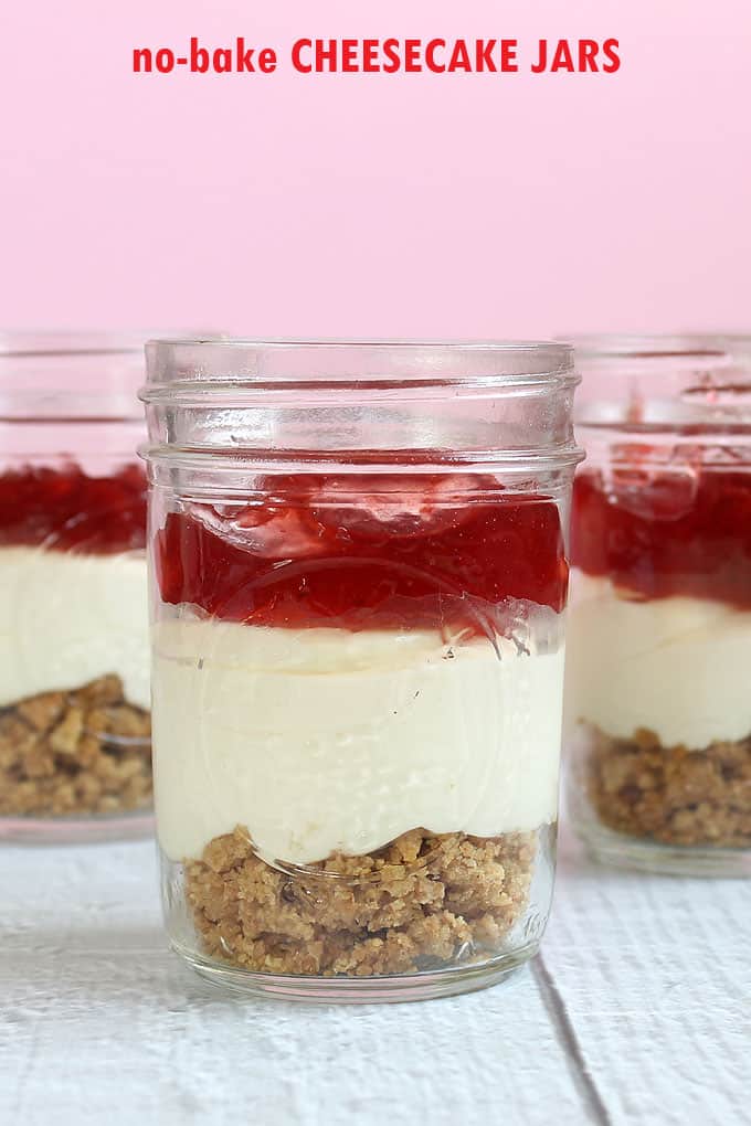 NO-BAKE CHEESECAKE JARS -- delicious mason jar dessert idea Giving away a copy of Glorious Layered Desserts AND find a recipe for no-bake cheesecake cups.