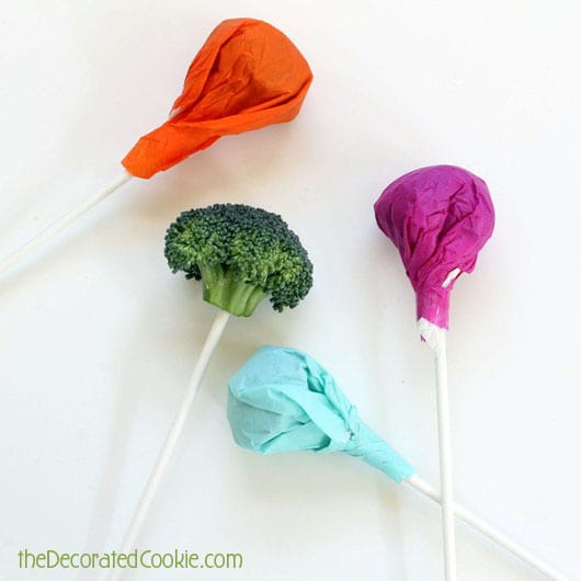 April Fools lollipops (April Fools broccoli "lollipops") for kids 