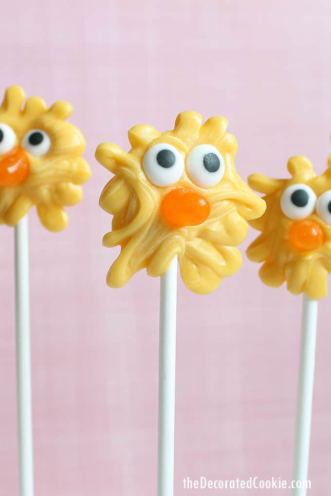 How to make CHICK CANDY POPS for an Easter treat with candy candy melts, store-bought candy, and lollipop sticks. Kid-friendly fun Easter food.