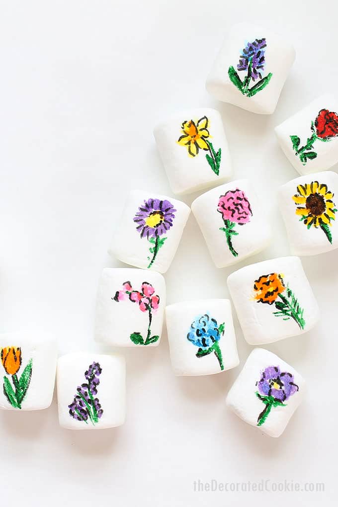 25 types of flowers drawn on marshmallows with edible writers, for Earth Day, Mother's Day or Spring treats -- flower marshmallows