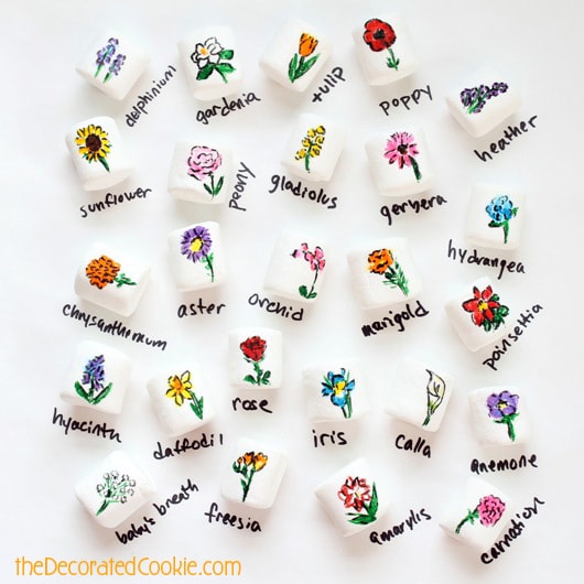 25 flowers drawn on marshmallows