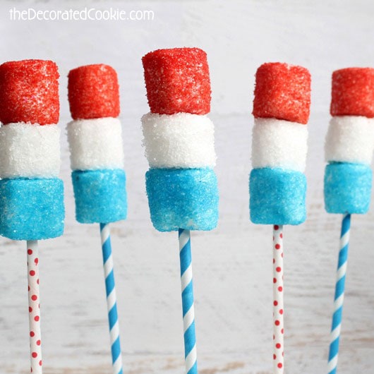 red, white and blue marshmallow pops for the 4th of July