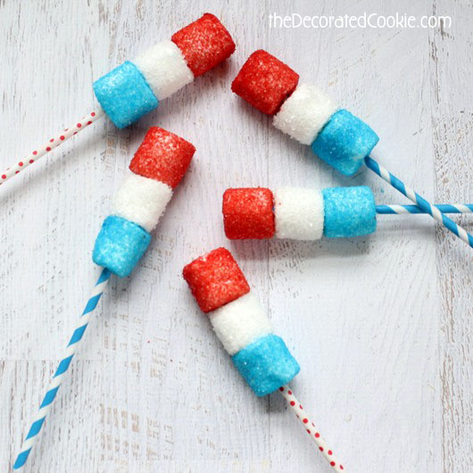 red, white and blue marshmallow pops for the 4th of July