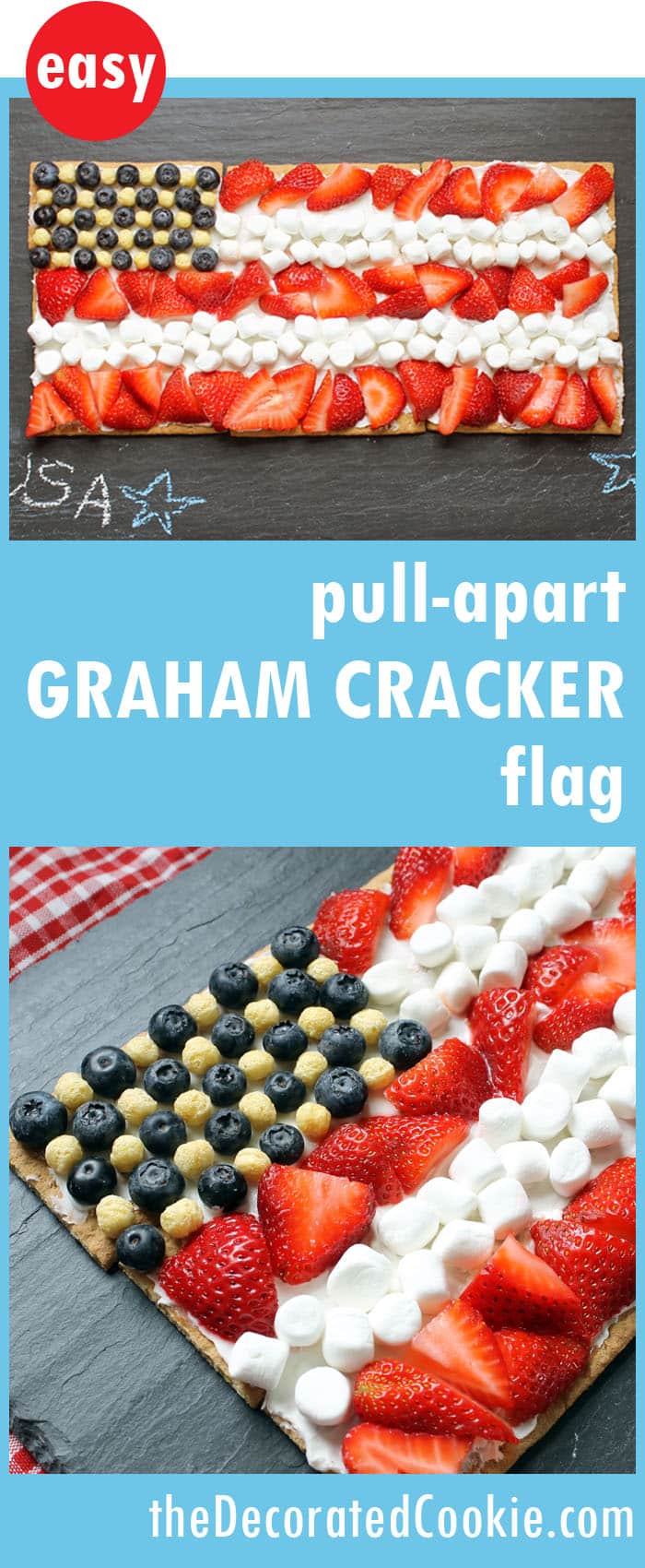 easy, no-bake, pull-apart graham cracker flag dessert -- Memorial Day dessert, 4th of July dessert 