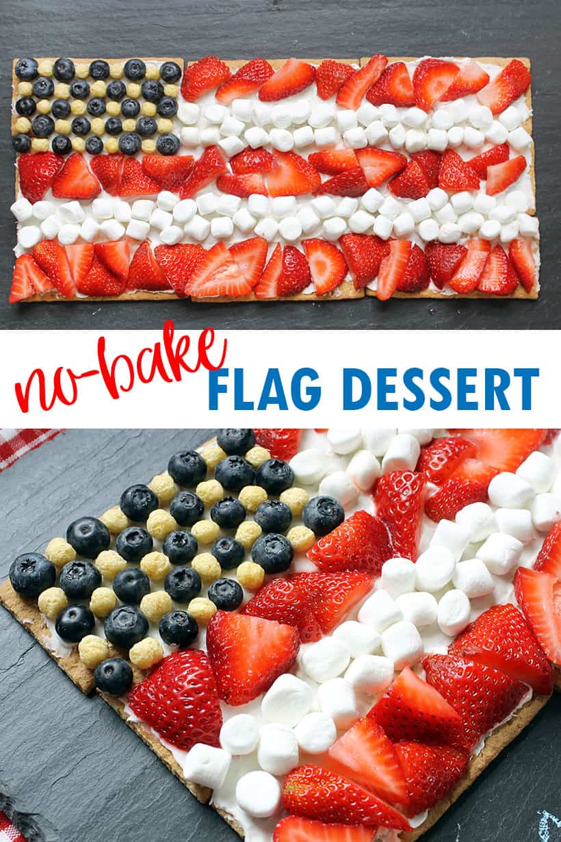 no-bake American flag dessert with graham crackers and berries 