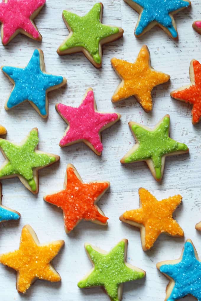 STAR COOKIES: Easy, sprinkle rainbow star cookies for teacher appreciation or for a super star birthday treat idea.